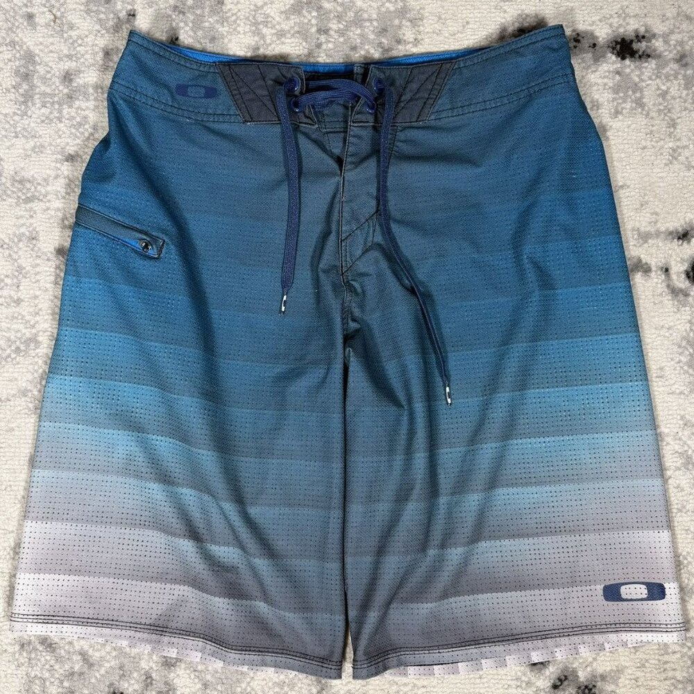 Y2K Oakley Blue Gray Stripes Board Shorts